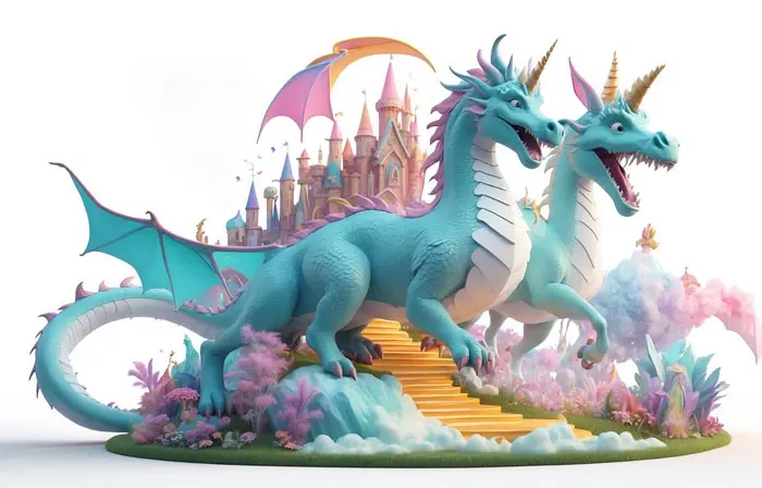 Dragons Standing in Front of the Castle 3D Character Design Illustration